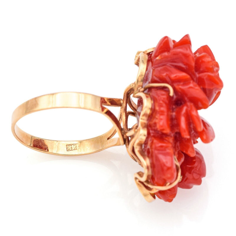 Vintage 14K Yellow Gold Red Coral Carved Rose Flower Cocktail Ring 9.5 Grams
