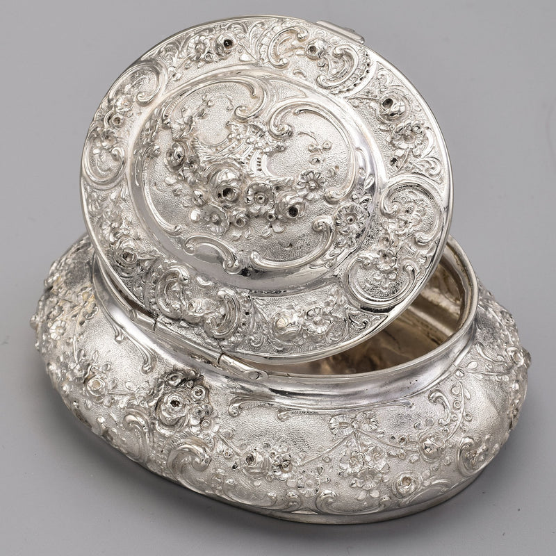 Antique 800 Silver Floral Etched Oval Box Case