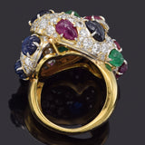 Vintage 18K Gold Sapphire Ruby Emerald & 3.77 TCW Diamond Cluster Cocktail Ring