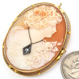 Antique 14K Yellow Gold Cameo Diamond Large Oval Brooch Pin Pendant