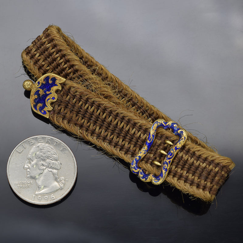 Antique Victorian 18K Yellow Gold Woven Hair Mourning Enamel Bracelet