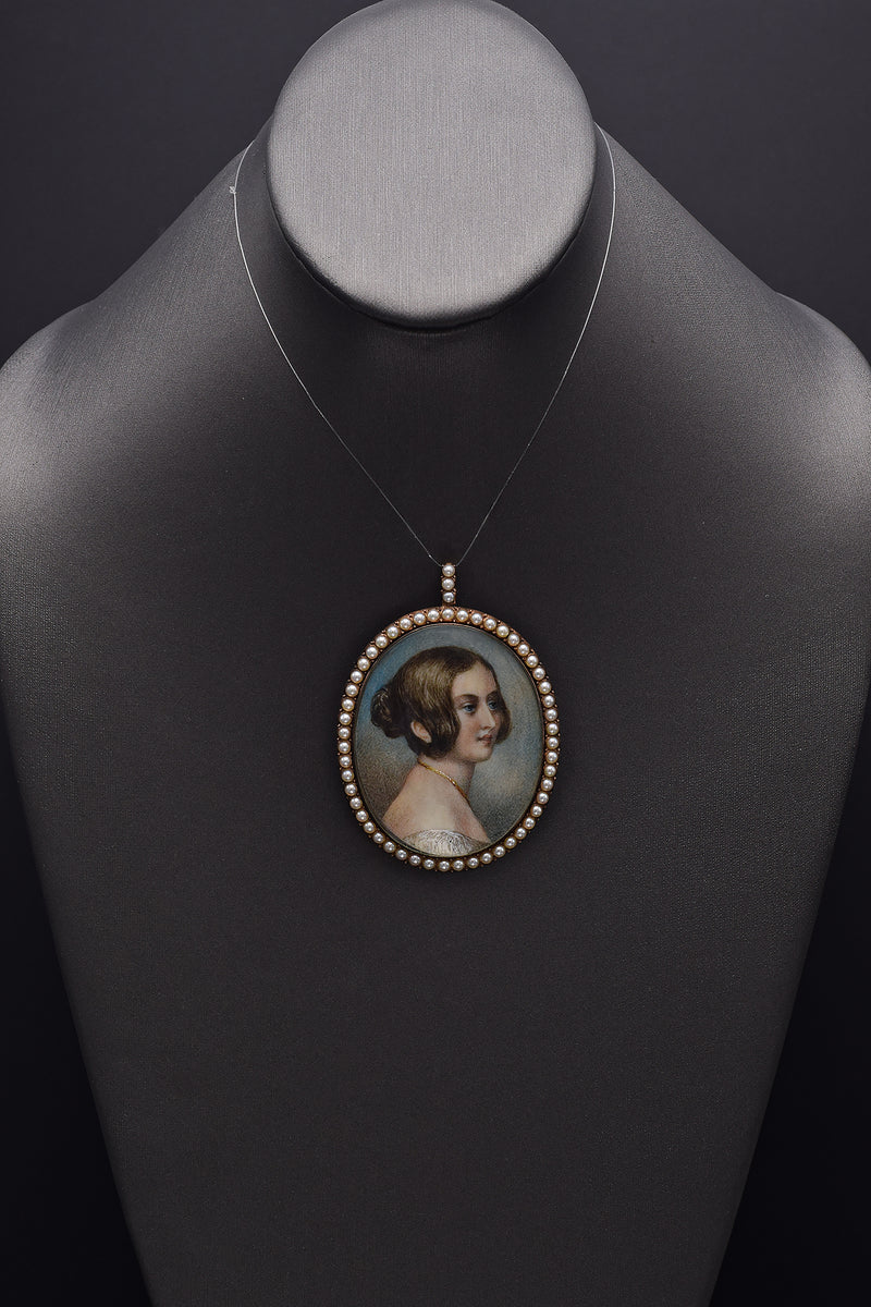 Antique Victorian 14K Gold Sea Pearl Hand Painted Large Portrait Pendant 30.6G
