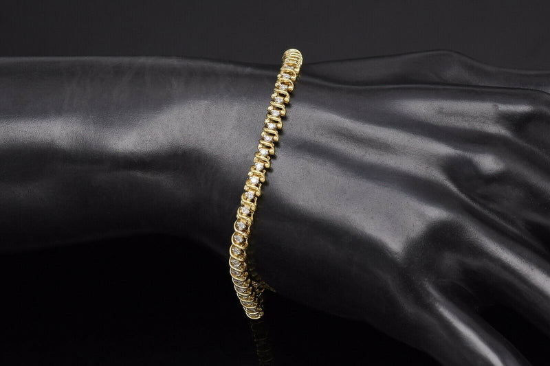 Vintage 14K Yellow Gold 1.10 TCW Diamond Swirl Link Tennis Bracelet