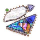Vintage Janet Sherman Sterling Silver & 14K Gold Gemstone Brooch Pin Pendant