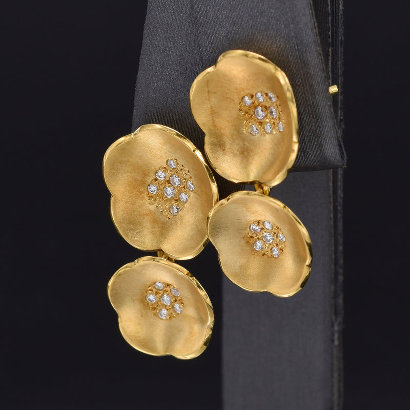 Vintage 18K Yellow Gold Diamond Floral Drop Earrings