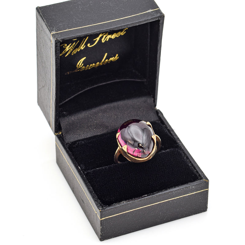Antique 9K Yellow Gold 11.68 Ct Garnet Pear Cabochon Cocktail Ring + Box