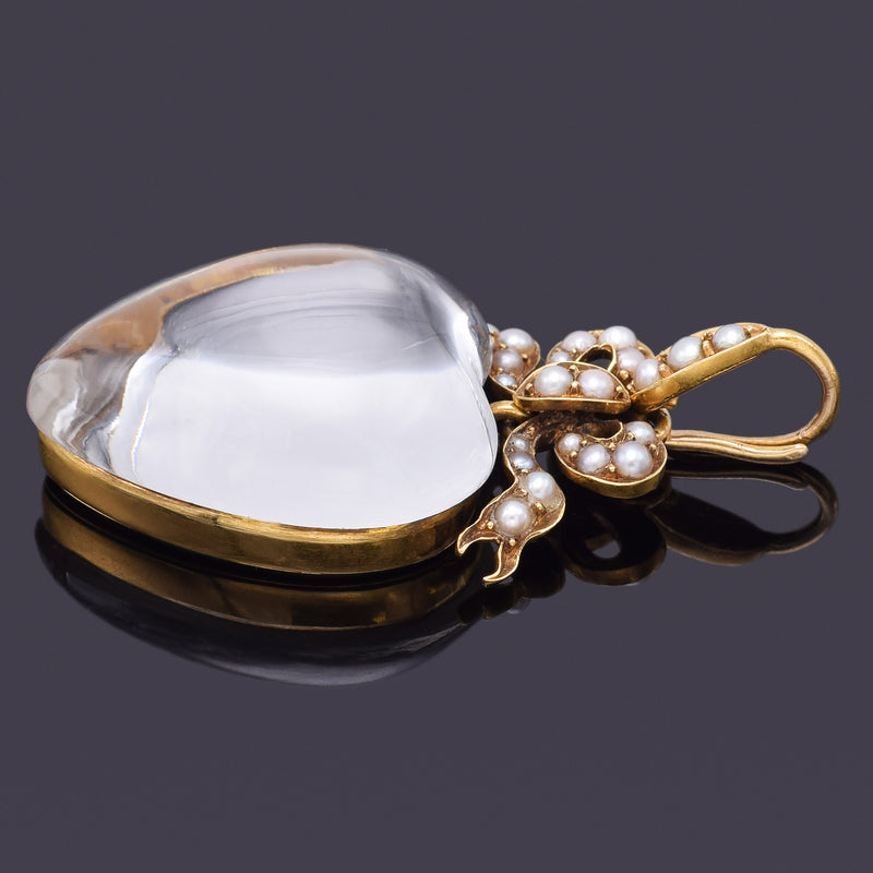 Antique Victorian 18K Gold 42.95Ct Rock Crystal Quartz & Sea Pearl Heart Pendant