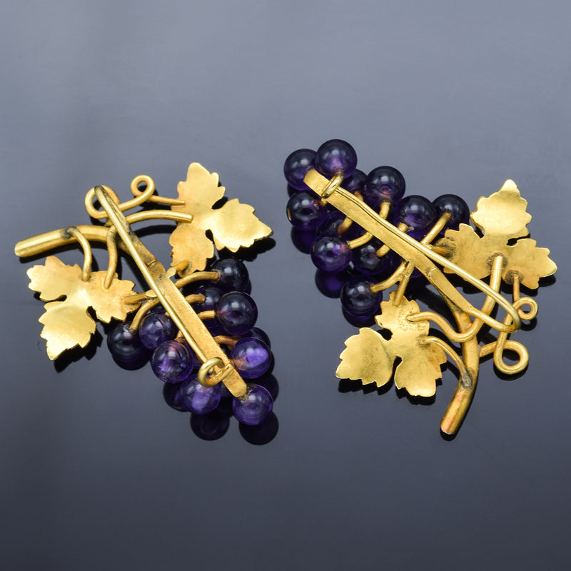 Antique English 18K Yellow Gold Amethyst Grape Vine Drop Earrings 8.5G