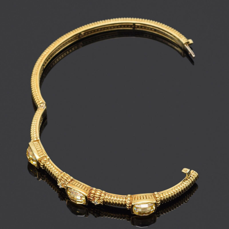 Judith Ripka 14K Gold Canary Crystal & Diamond Hinged Bangle Bracelet +Box 21.2G