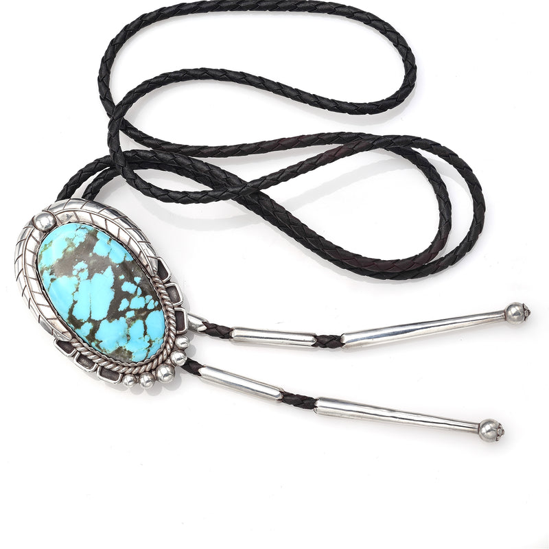 Vintage Sterling Silver Turquoise Oval Southwestern Bolo Tie