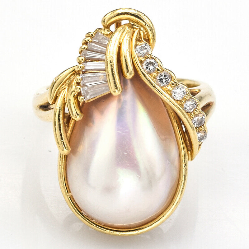 Vintage 18K Yellow Gold Mabe Pearl & 0.55 TCW Diamond Cocktail Ring