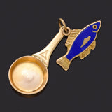 Vintage 14K Yellow Gold Fish Frying Pan Enamel Charm Pendant