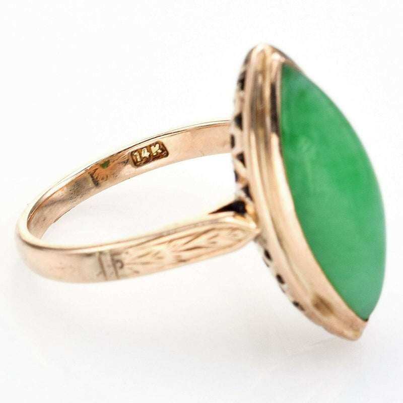 Vintage 14K Yellow Gold 4.66 Ct Green Jade Marquise Cocktail Ring
