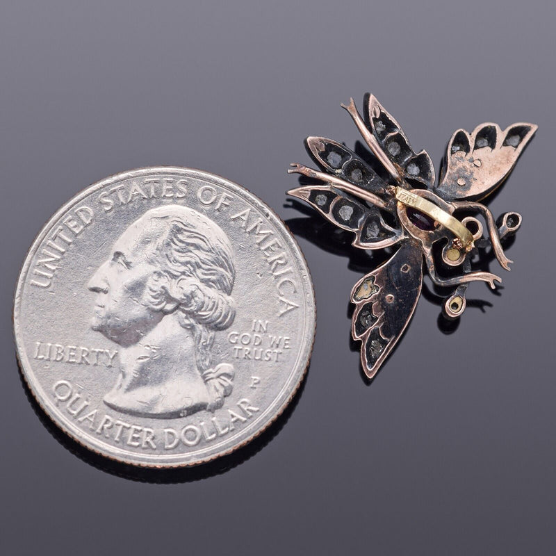 Antique 14K Gold & Sterling Silver Ruby & Rose Cut Diamond Butterfly Pendant