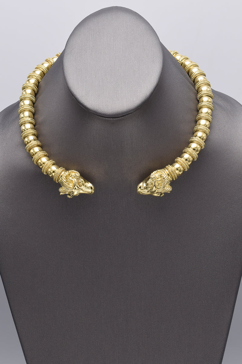 Vintage Heavy 18K Yellow Gold Italian Ram Head Collar Necklace