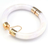Vintage 14K Yellow Gold Lavender & White Jade Hinged Bangle Bracelet