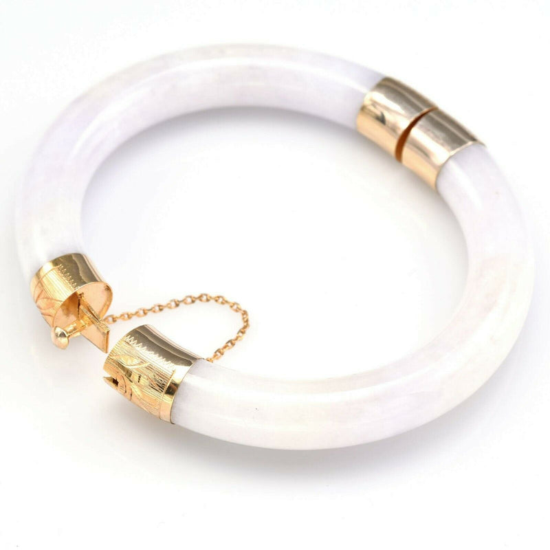 Vintage 14K Yellow Gold Lavender & White Jade Hinged Bangle Bracelet