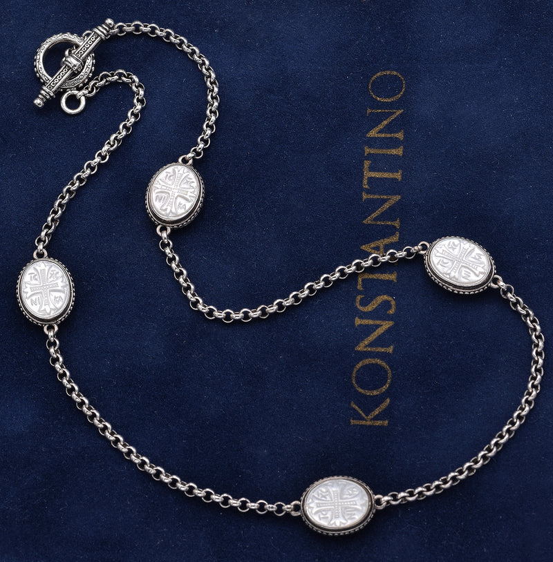 Konstantino Sterling Silver Mother of Pearl Cross Station Toggle Necklace