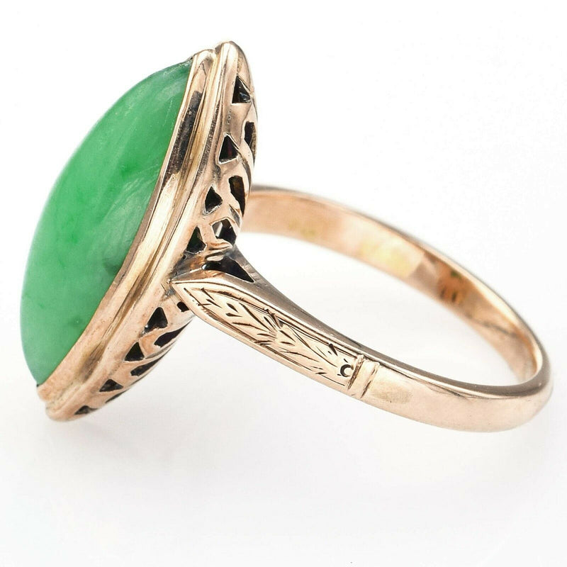 Vintage 14K Yellow Gold 4.66 Ct Green Jade Marquise Cocktail Ring