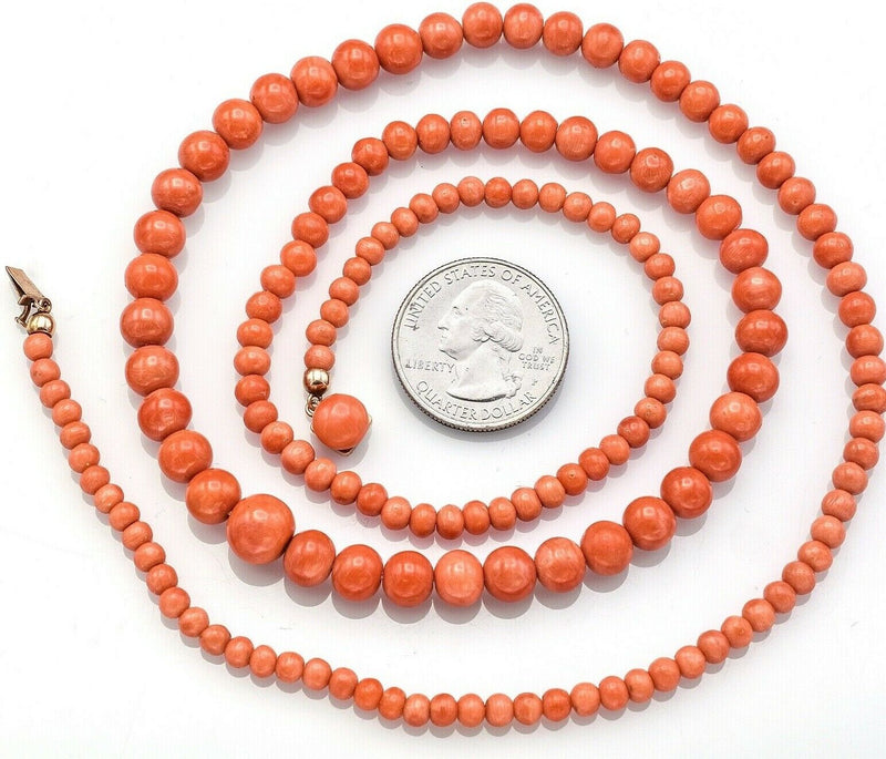 Vintage 14K Yellow Gold Salmon Coral Long Beaded Strand Necklace