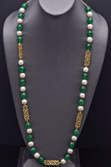 Vintage 18K Gold Green Venetian Glass & Pearl Long Beaded Strand Necklace 32"