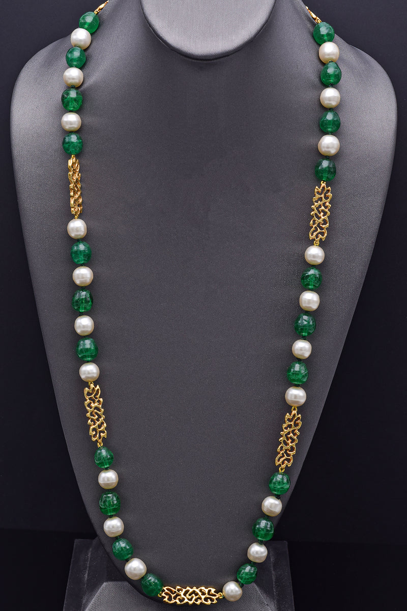 Vintage 18K Gold Green Venetian Glass & Pearl Long Beaded Strand Necklace 32"