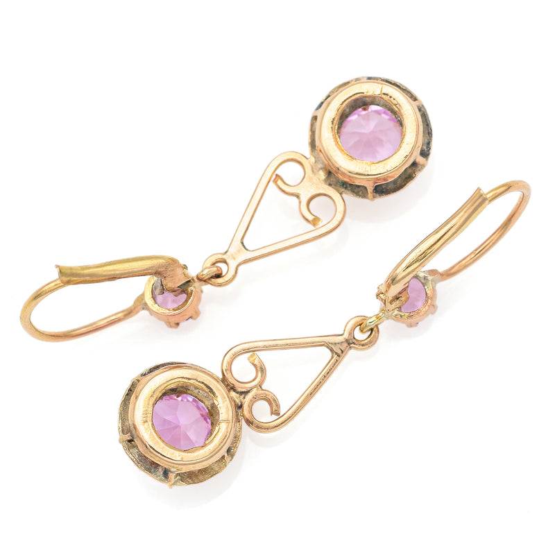 Vintage 14K Yellow Gold Pink Sapphire Dangle Leverback Earrings
