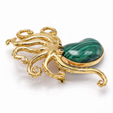 Vintage 14K Yellow Gold Malachite, Ruby & Diamond Octopus Large Brooch Pin