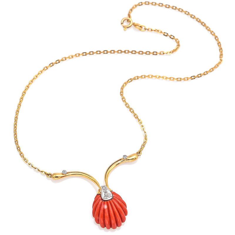 Uno a Erre Vintage 14K Yellow Gold Red Coral & Diamond Shell Pendant Necklace