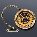 Antique Scottish Thistle 15K Gold Amethyst, Orange Spinel & Sea Pearl Brooch Pin
