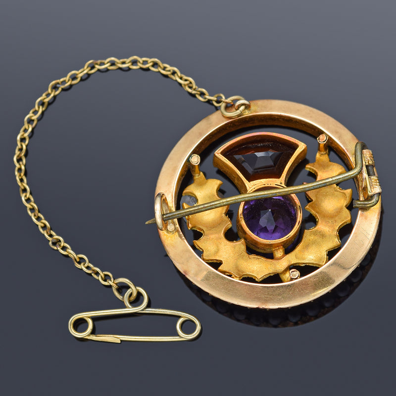 Antique Scottish Thistle 15K Gold Amethyst, Orange Spinel & Sea Pearl Brooch Pin