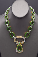 18K Gold Green Jade & 7.48 TCW Diamond Cable Link Necklace Earrings Bracelet Set