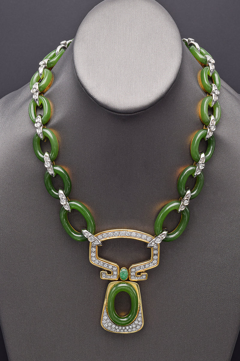 18K Gold Green Jade & 7.48 TCW Diamond Cable Link Necklace Earrings Bracelet Set