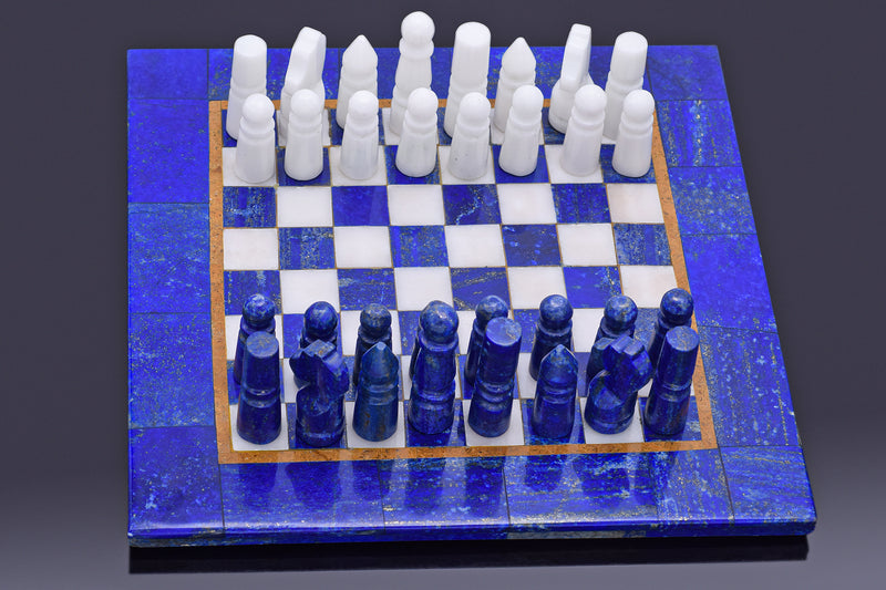 8.5 x 8.5 Inches - Lapis Lazuli & Marble Square Board Chess Set + Box