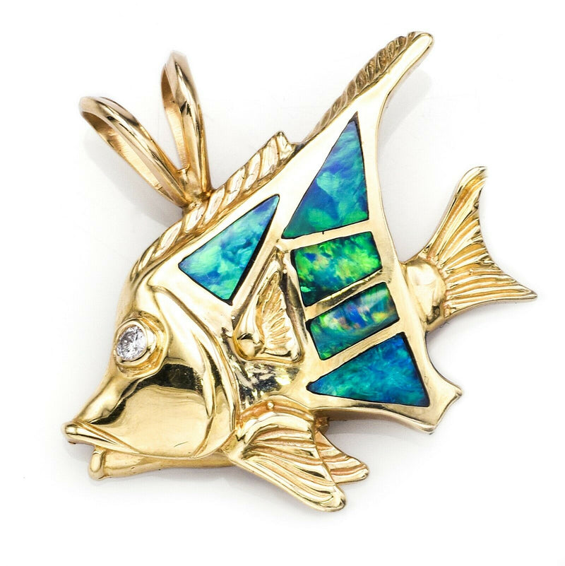 Vintage 14K Yellow Gold Multi-Color Opal & Diamond Fish Pendant