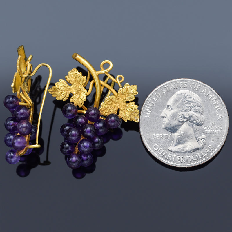 Antique English 18K Yellow Gold Amethyst Grape Vine Drop Earrings 8.5G