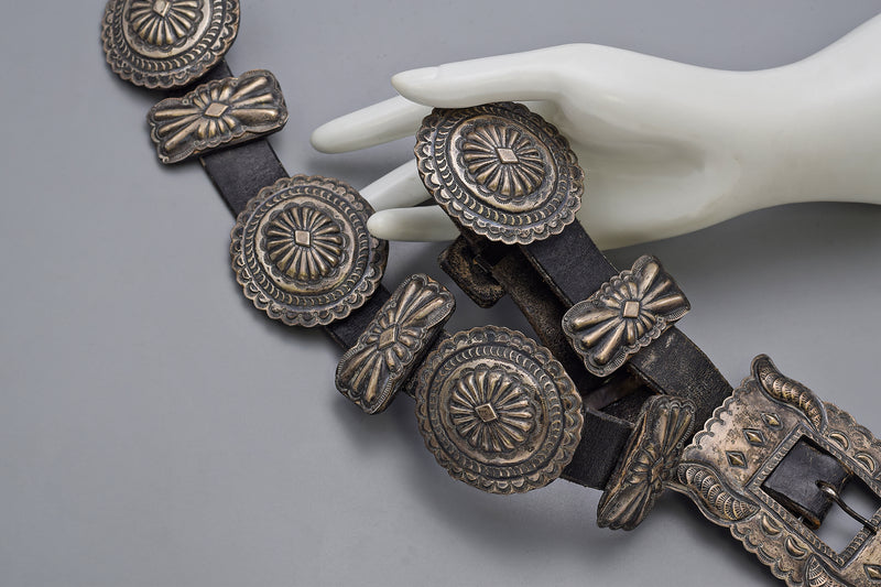 Vintage Ida Morgan Sterling Silver Leather Backed Concho Belt
