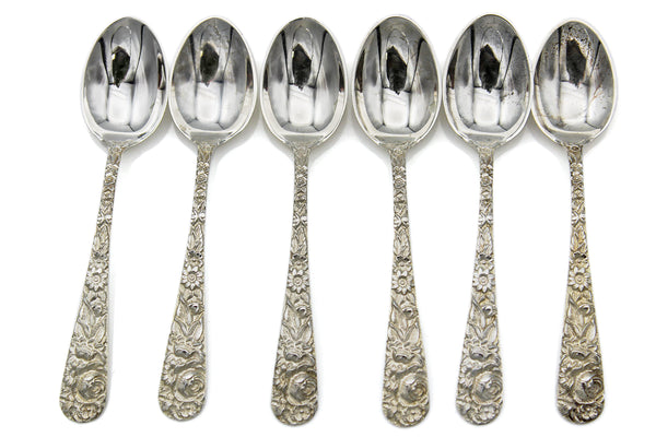 Antique S. Kirk & Son Sterling Silver Repousse Teaspoons Set of 6