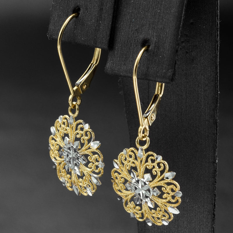 Vintage 14K Yellow & White Gold Snowflake Filigree Dangle Lever-Back Earrings