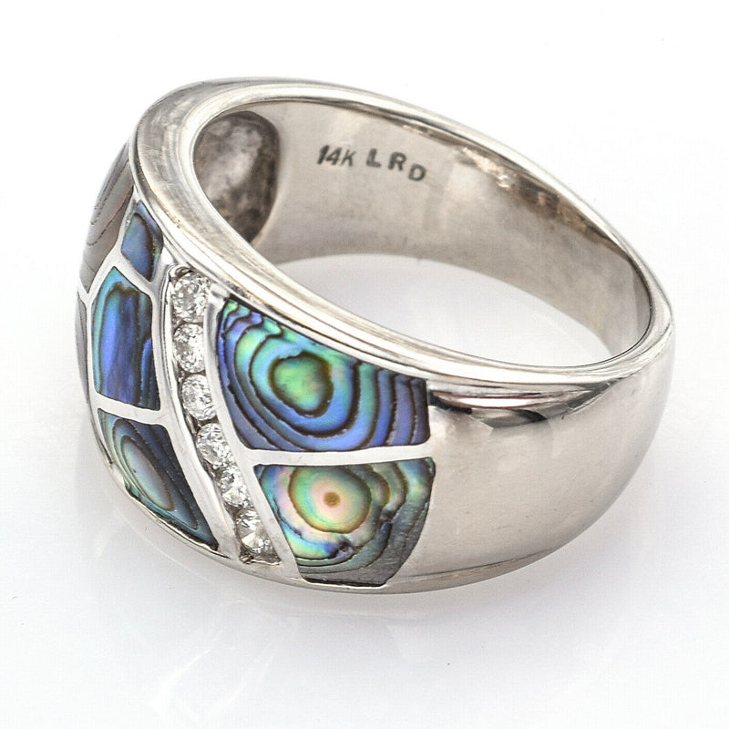 Vintage 14K White Gold Abalone & Diamond Band Ring