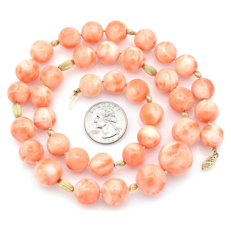 Vintage 14K Yellow Gold Angel Skin Coral Beaded Strand Necklace + Box