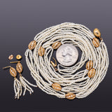Antique 18K Gold 4.65TCW Diamond & Sea Pearl Beaded Necklace Earrings & Bracelet