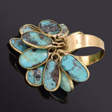 Antique 14K Yellow Gold Genuine Persian Turquoise Dangle Multi-Charm Band Ring 9.0Gr