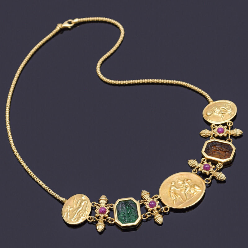 Vintage 18K Gold Italian Tagliamonte Ruby & Venetian Glass Cameo Necklace 25.8G
