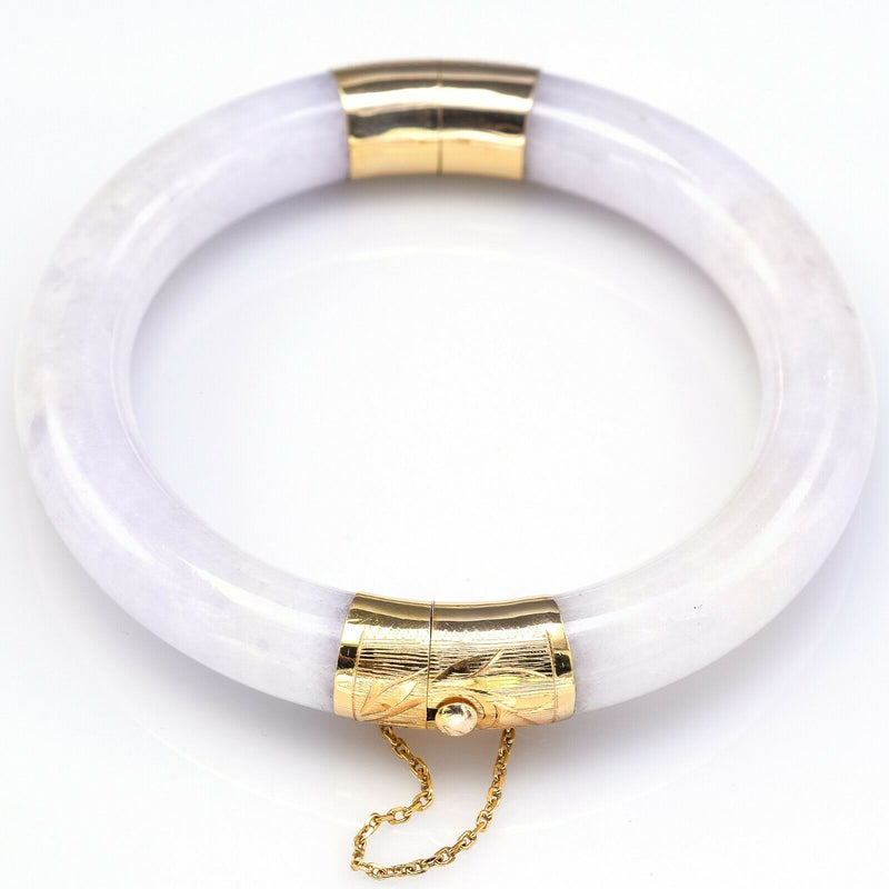 Vintage 14K Yellow Gold Lavender & White Jade Hinged Bangle Bracelet