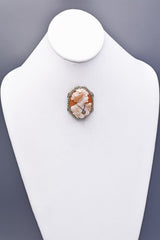 Antique 14K White Gold Cameo Pearl Diamond Large Oval Brooch Pin Pendant