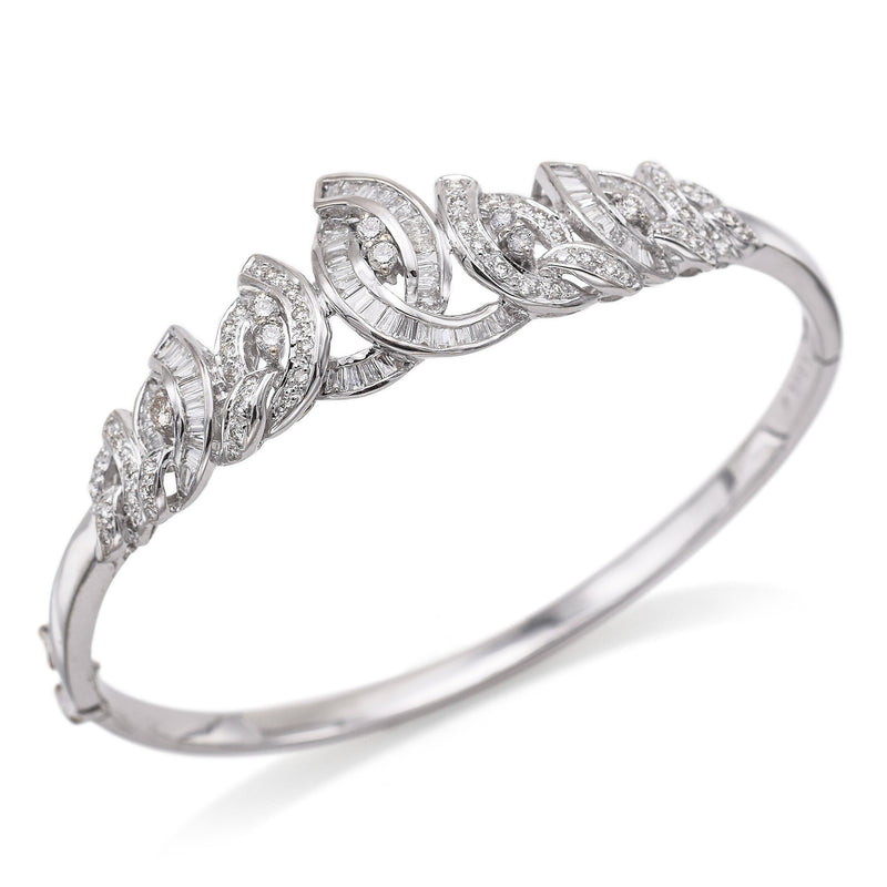 Vintage 18K White Gold 2.17 TCW Diamond Swirl Hinged Bangle Bracelet + Box