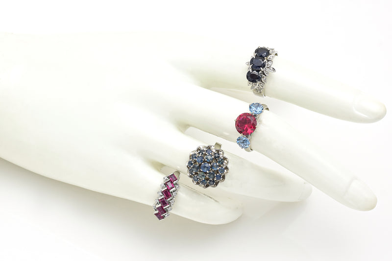 Lot of 4 Vintage Sterling Silver Sapphire, Blue Topaz, Ruby & Diamond Ring