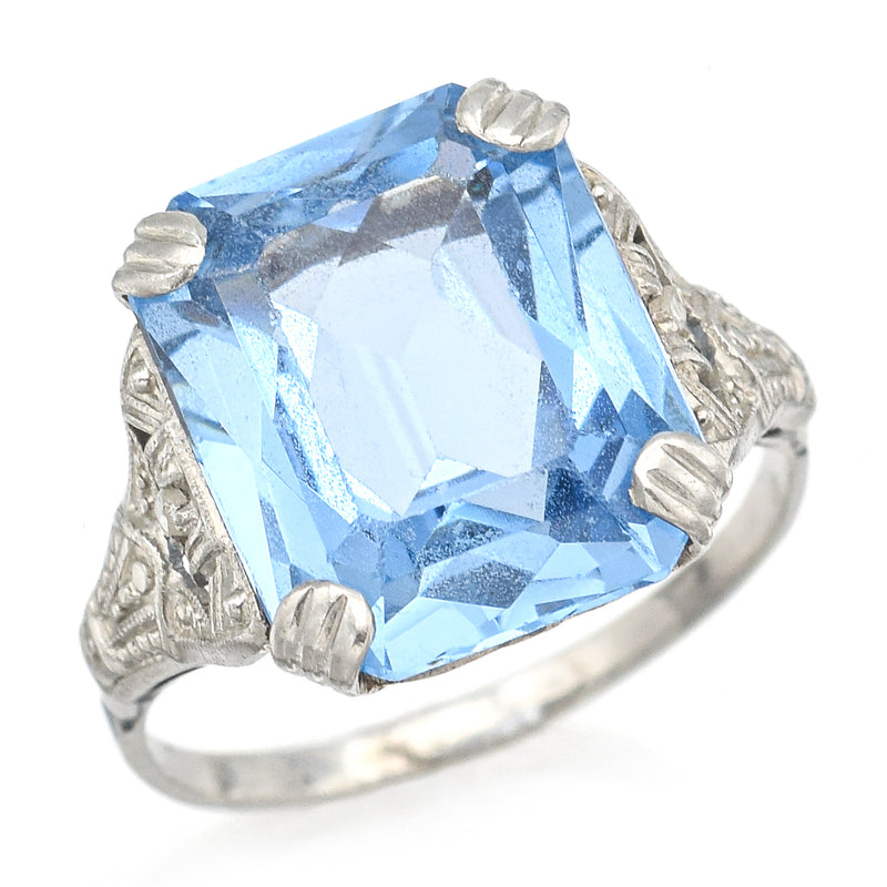Antique Platinum 6.26 Ct Blue Topaz & Diamond Cocktail Ring
