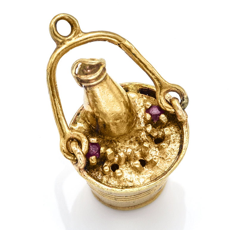 Vintage 14K Yellow Gold Ruby Champagne Wine Bucket Charm Pendant
